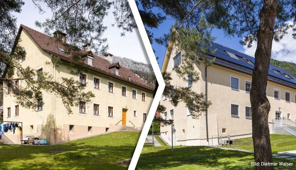 Mehrfamilienhaus in Bludenz vor und nach der Sanierung im Forschungsprojekt SüdSan